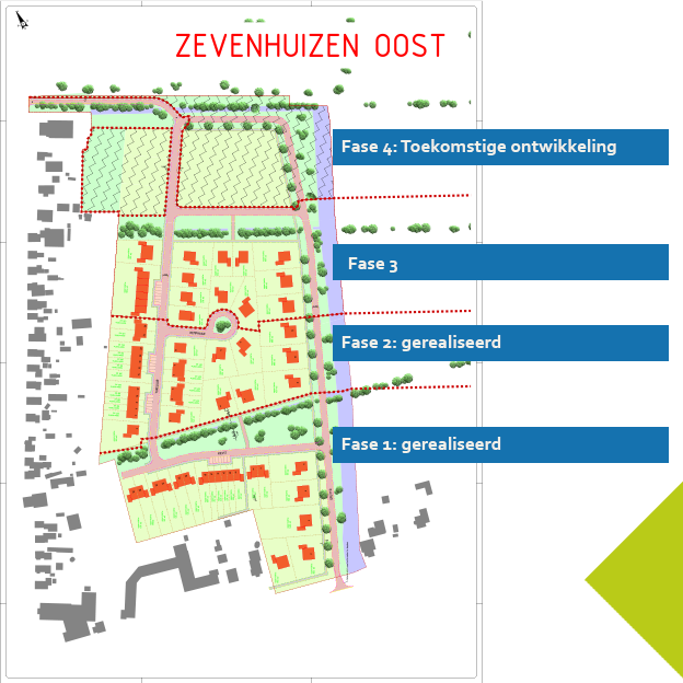 Verkavelingsplan Zevenhuizen Oost met de vier ontwikkelfases. Een volledige beschrijving staat onder de afbeelding.