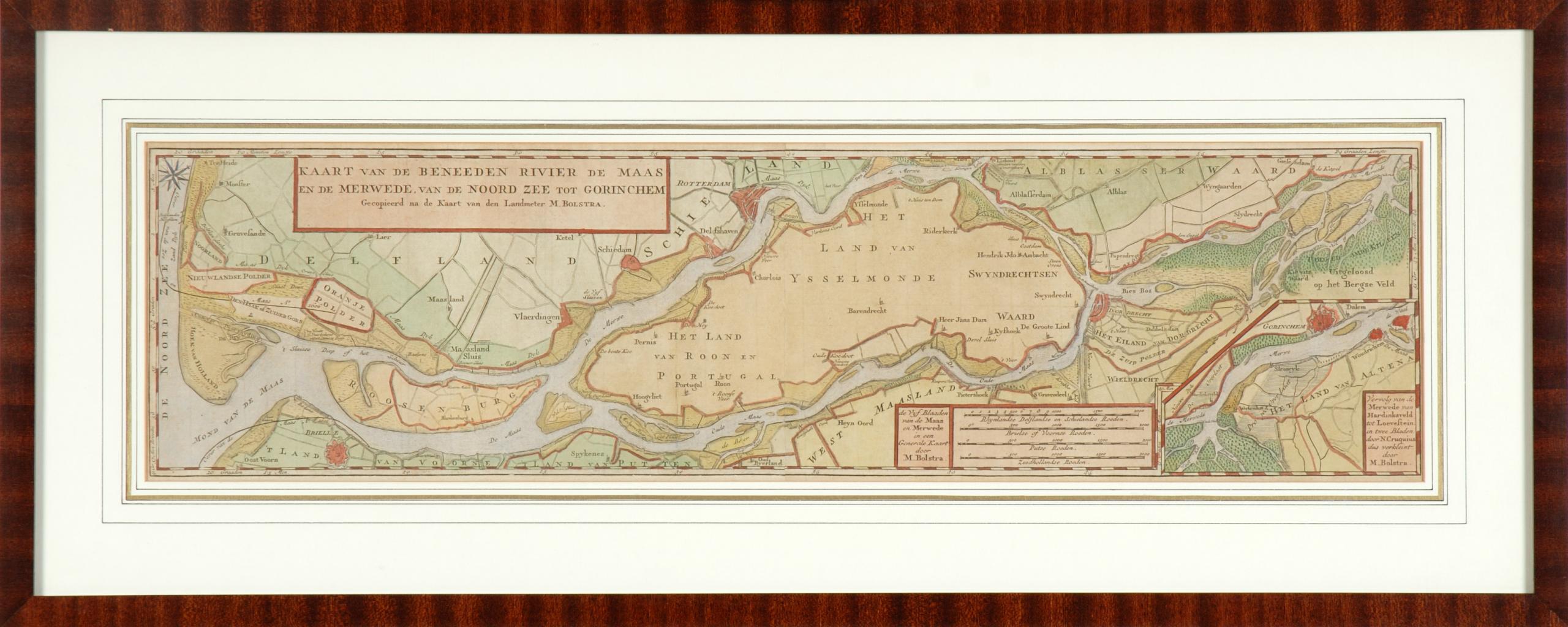 Oude landkaart gemaakt door Melchior Bolstra (na 1741) De titel is: KAART VAN DE BENEEDEN RIVIER DE MAAS EN DE MERWEDE VAN DE NOORDZEE TOT GORINCHEM Gecopieerd na de Kaart van den Landmeter M. Bolstra