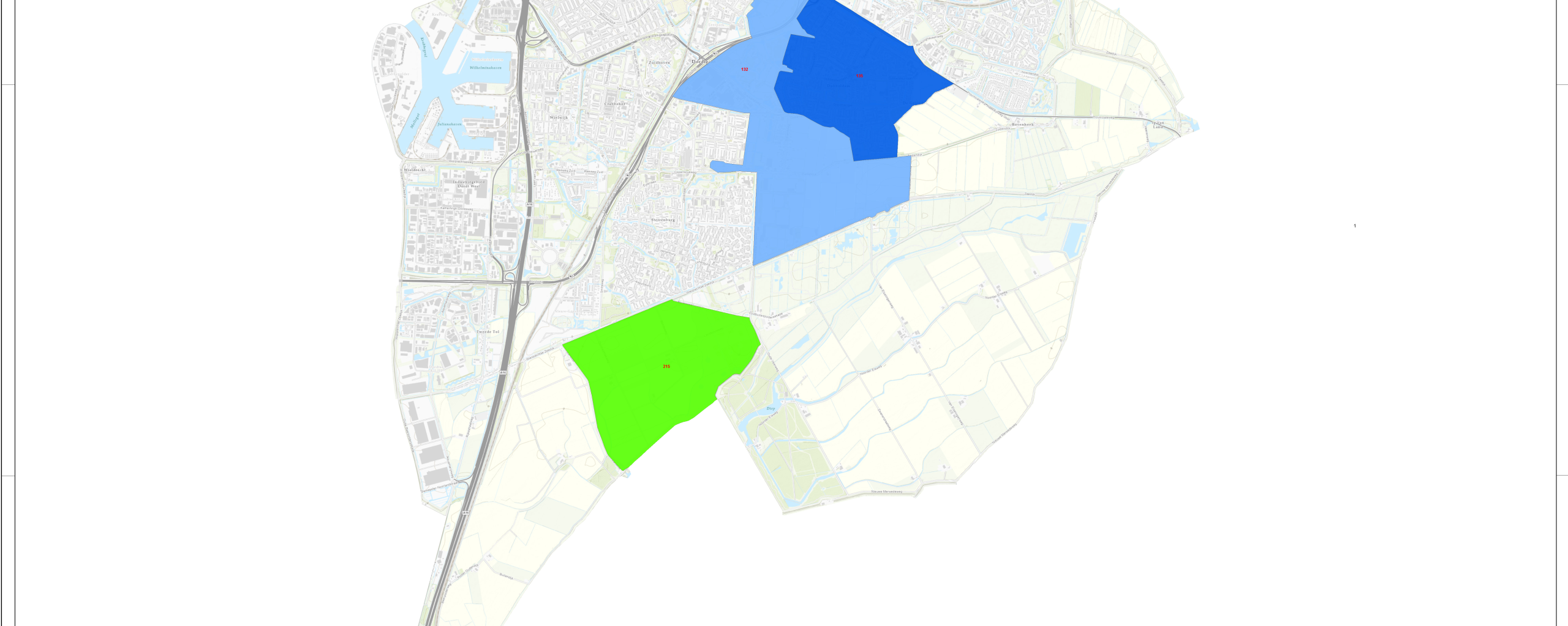Op deze kaart staan de gebieden op het Eiland van Dordrecht waar wij in 2024 gaan baggeren