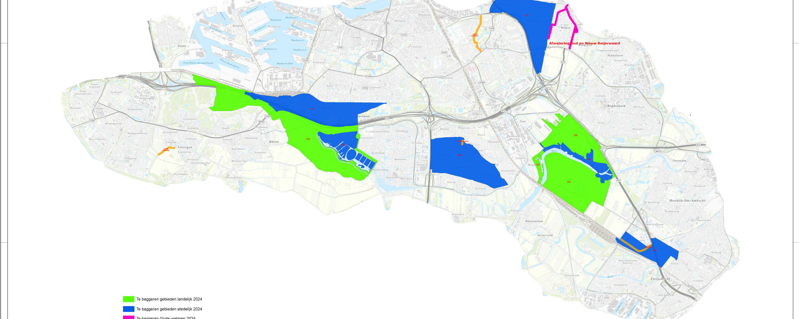 Op deze kaart staan de gebieden op IJsselmonde die we in 2024 gaan baggeren.