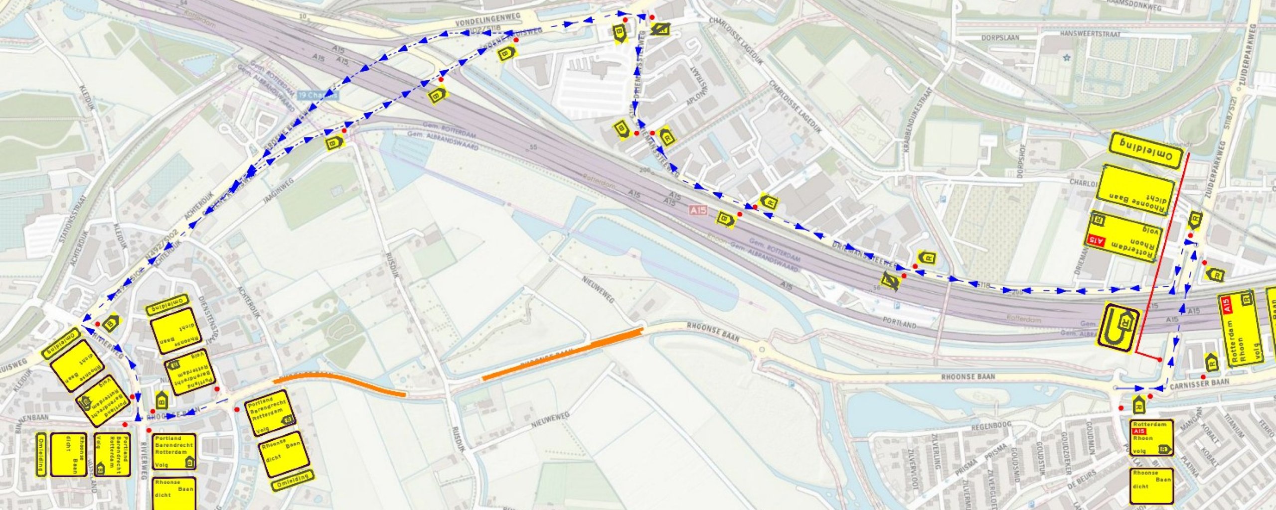 De oranje lijn geeft aan waar er wordt gewerkt. De blauwe lijn is de omleidingsroute. 