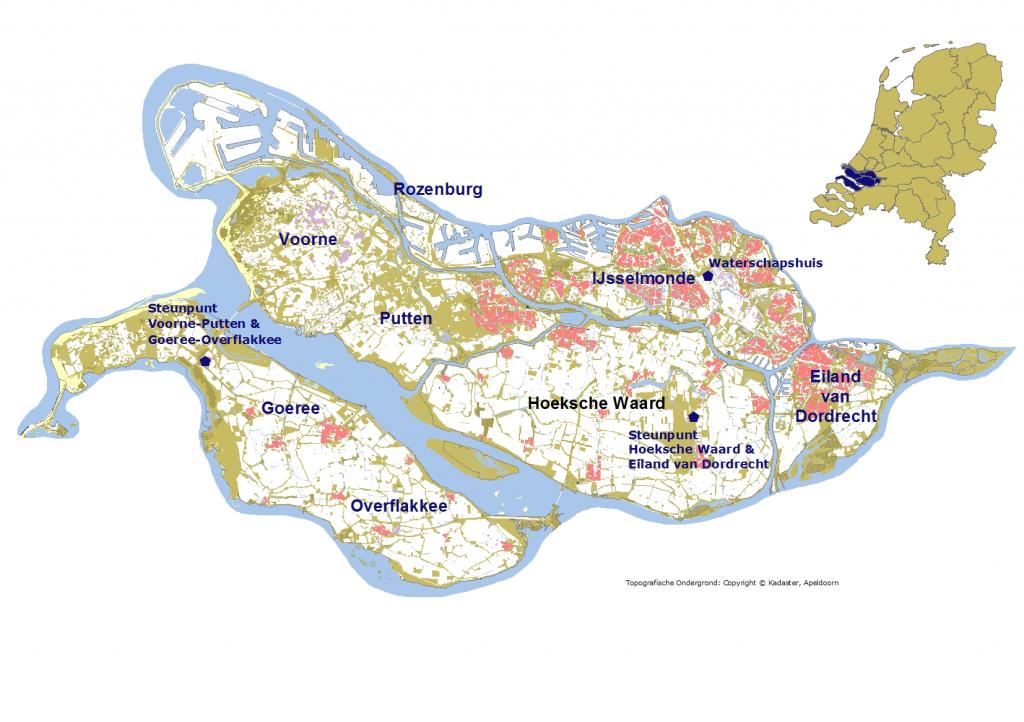 Een geografische kaart waarop het werkgebied van waterschap Hollandse Delta wordt weergegeven