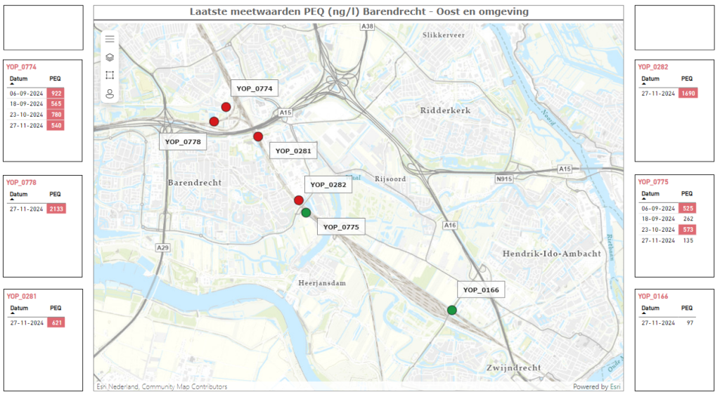 Kaart met laatste meetwaarden Barendrecht-Oost en omgeving