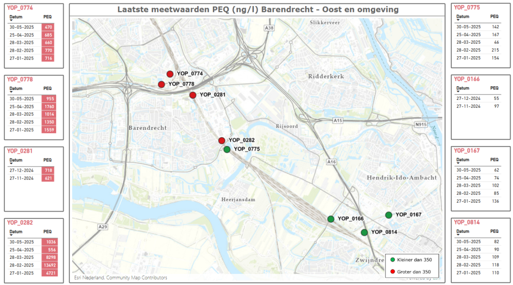 Kaart met laatste meetwaarden Barendrecht-Oost en omgeving