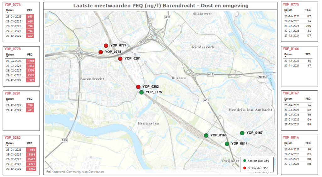 Kaart met laatste meetwaarden Barendrecht-Oost en omgeving