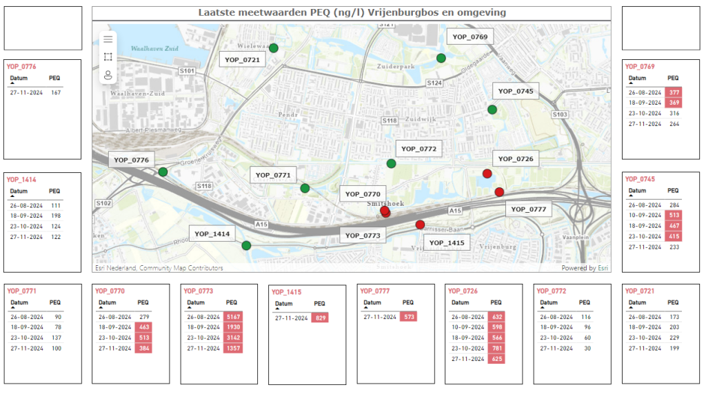 Kaart met laatste meetwaarden Vrijenburgbos en omgeving