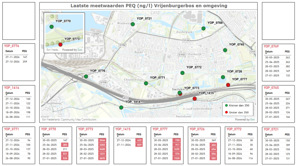 Kaart met laatste meetwaarden Vrijenburgbos en omgeving