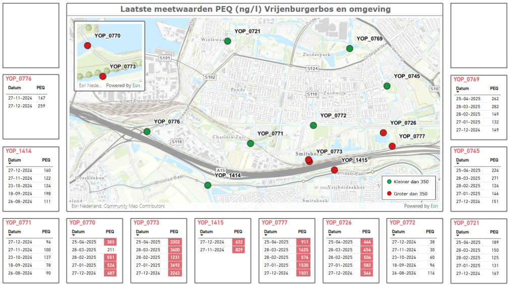 Kaart met laatste meetwaarden Vrijenburgbos en omgeving