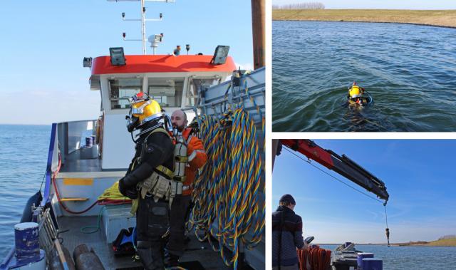 Werkschip en duiker in de Grevelingen