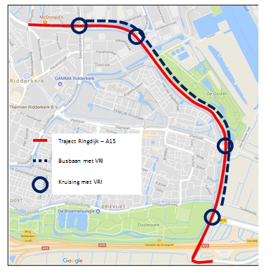 Kaart waarop de werkzaamheden aan de Rotterdamseweg in Ridderkerk worden getoond