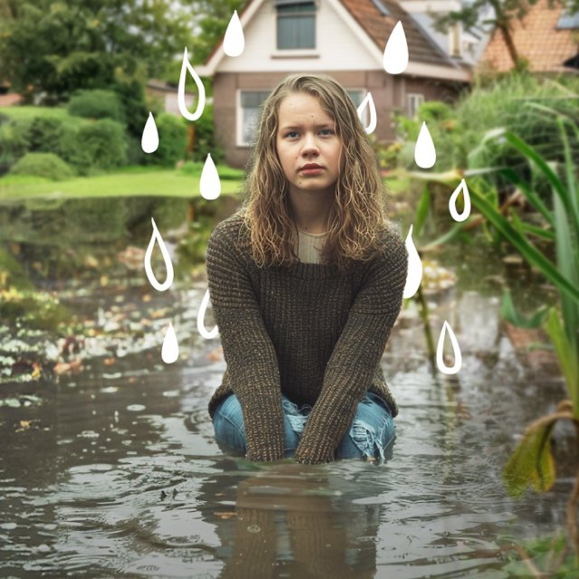 Meisje zit in een plas water in de tuin