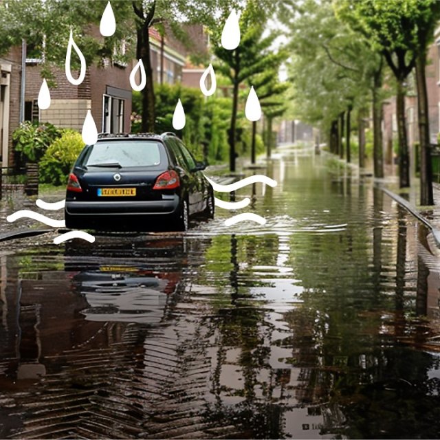 Auto geparkeerd in een ondergelopen straat