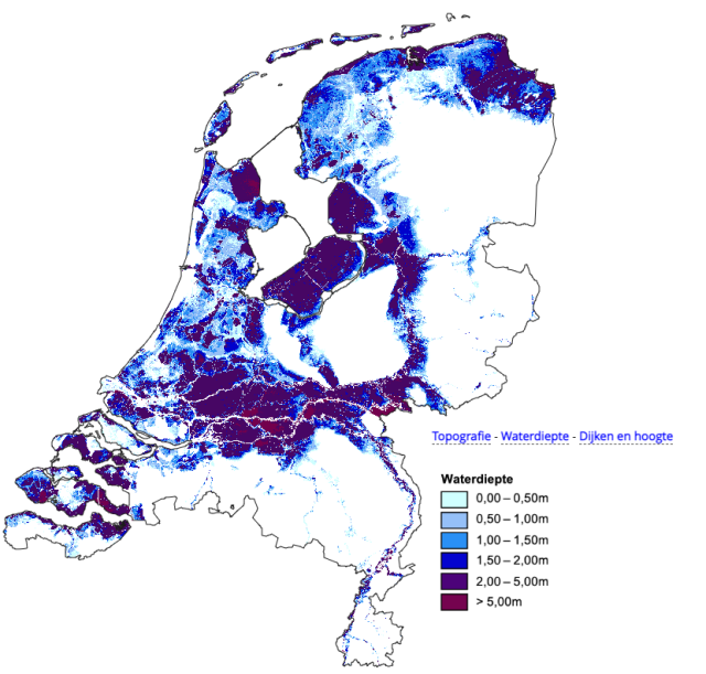 Kaart van NL die laat zien wat de waterdiepte is als de dijken en duinen doorbreken