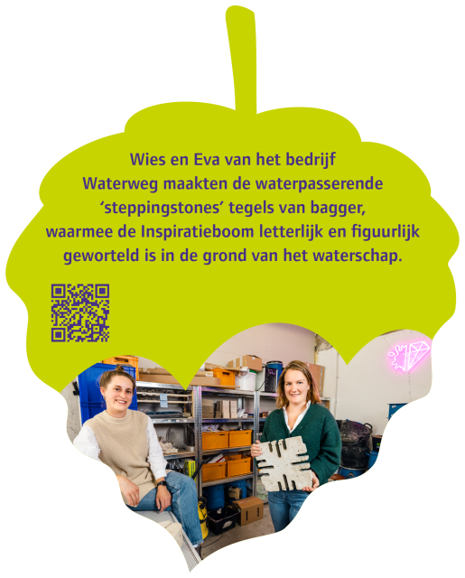 Wies en Eva van het bedrijf Waterweg maakten de waterpasserende steppingstones. Tegels van bagger, waarmee de Inspiratieboom letterlijk en figuurlijk geworteld is in de grond van het waterschap.