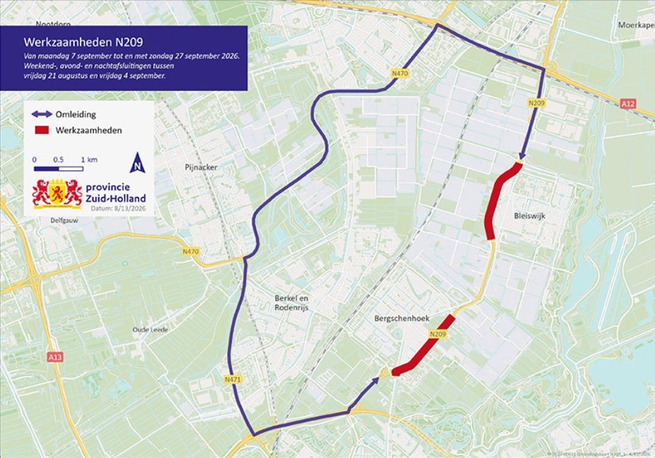 Kaart werkzaamheden N209 in augustus/september 2026