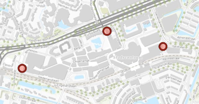 Bewaakte fietsenstallingen Stadshart weergegeven op kaart