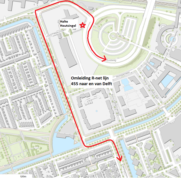 Map showing temporary bus stop R-net line 455 and city bus 71