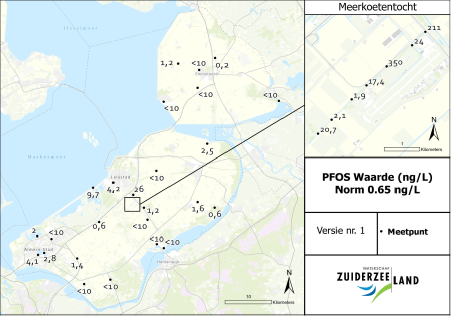 Kaart met uitslagen onderzoeken oppervlaktewater vanaf 2017 tot en met 15 juli 2024. Dit zijn de maximale PFOS-concentraties in nanogrammen per liter per meetpunt.