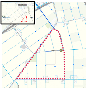 De locatie van de werkzaamheden: een kaartje met daarop de Zuider-d-tocht ten zuiden van Emmeloord. 