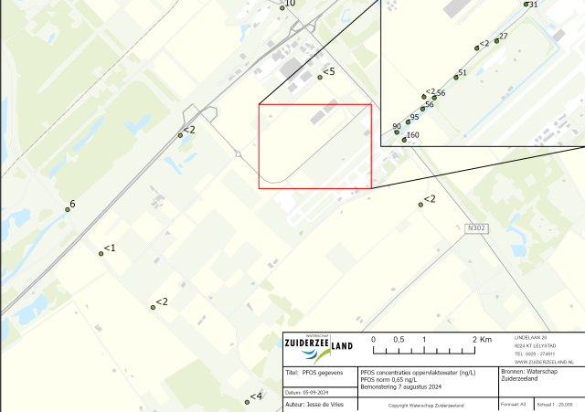 Kaart met meetgegevens PFOS-concentraties in en rond Meerkoetentocht