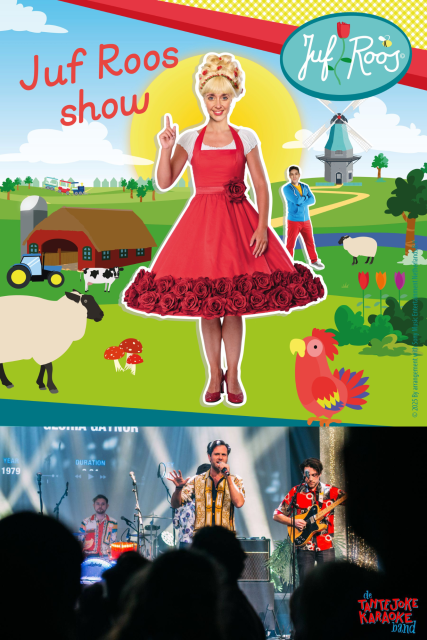 afbeelding van verschillende artiesten zoals juf roos en een karaoke band.