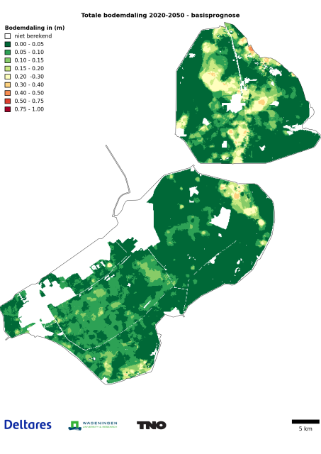 Kaart met de prognose voor bodemdaling 2020-2050 in Flevoland