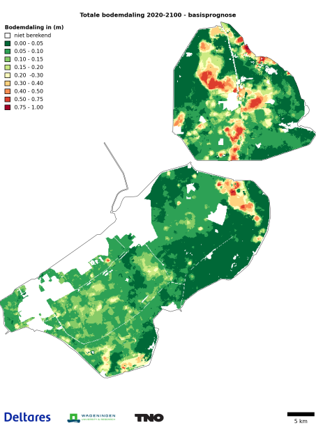Kaart met de prognose voor bodemdaling 2020-2100 in Flevoland