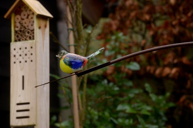 Kleurig beeldje van vogel met op de achtergrond een houten insectenhotel.