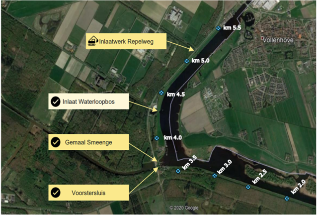 Een kaart waarop alle locaties aangegeven staan waar het inlaatwerk plaatsvindt