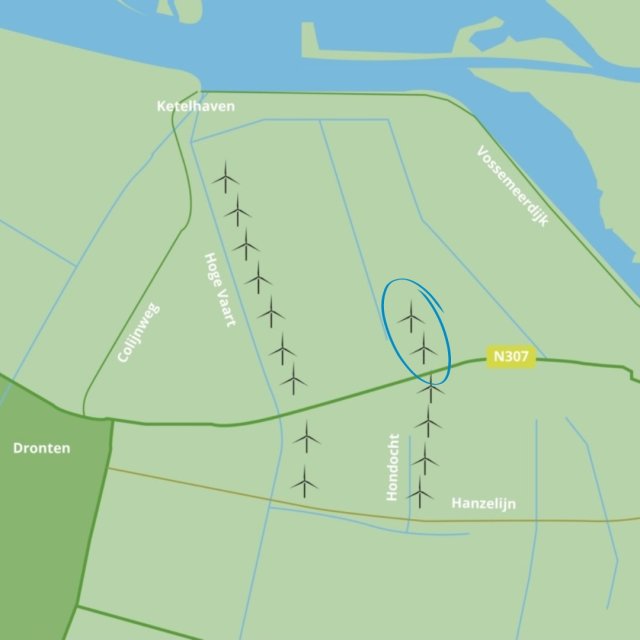Plattegrond van windpark Hanze bij Dronten met de twee windmolens omcrikeld die energie leveren aan Waterschap Zuiderzeeland.