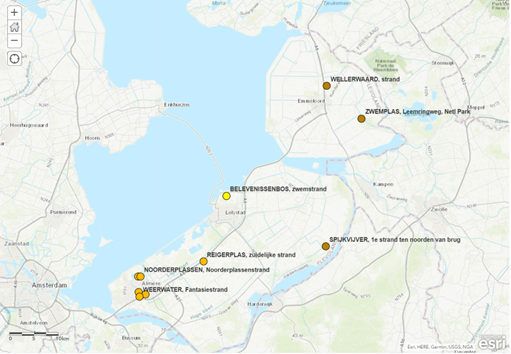 Kaart van Flevoland met daarop zwemlocaties