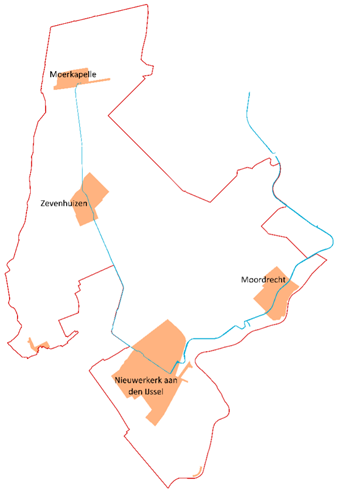 Overzichtskaart van de diverse kernen in de gemeente Zuidplas. Moerkapelle, Zevenhuizen, Moordrecht en Nieuwerkerk aan den IJssel