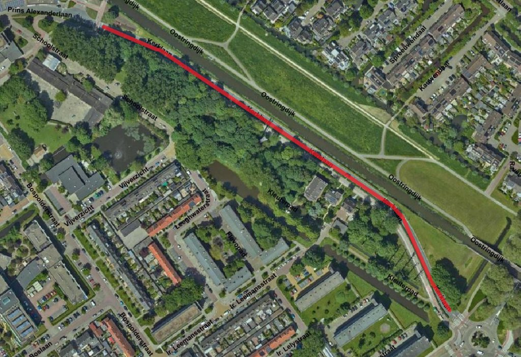 Landkaart waarop staat aangegeven met een rode lijn dat de Kerklaan tussen de rotonde Batavierlaan en de kruising Prins Alexanderlaan op 2 en 3 juli 2024 is afgesloten