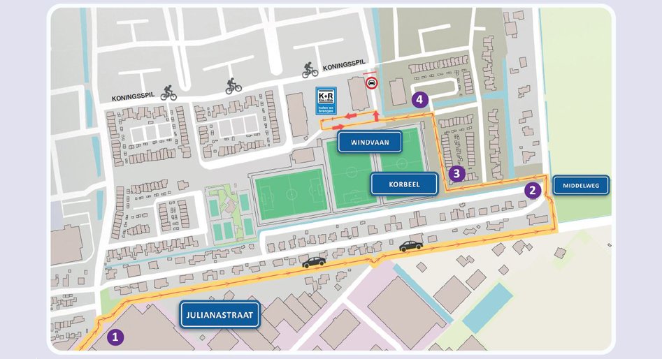 Visuele weergave van de nieuwe verkeersontsluiting voor scholen en voetbalvereniging in Moerkapelle