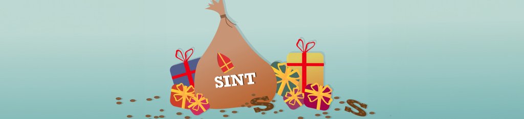 Zak van sinterklaas, met cadeaus, chocoladeletters en pepernoten