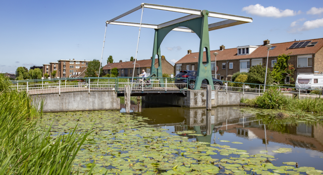De Boezembrug in Moordrecht, waterlelies in het water met een blauwe lucht en een man die net over de brug fietst