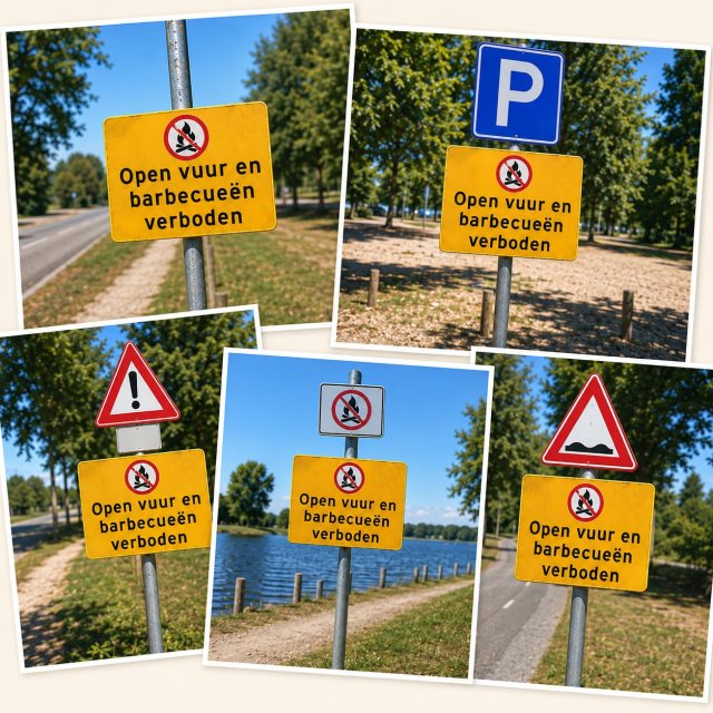 Collage van borden met tekst barbecueën en open vuur verboden