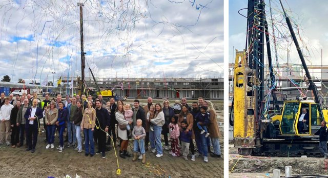 Toekomstige bewoners en wethouder Jan Willem Schuurman bij de eerste paal slaan van Parkzijde 3