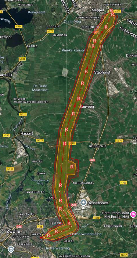 Route van de drones van Zwolle naar Meppel