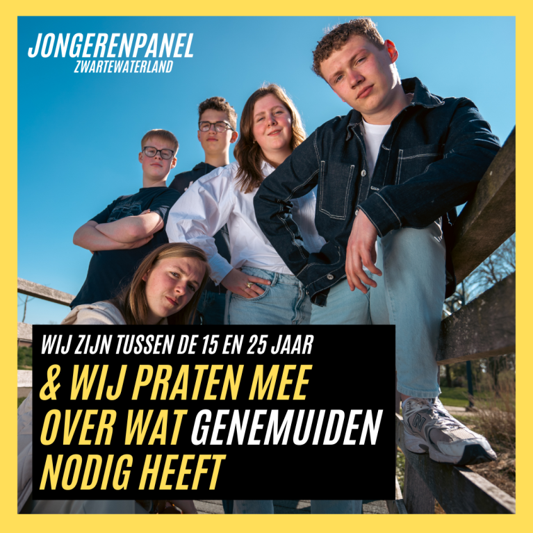 Afbeelding met het jongerenpanel. Over de foto staat een tekstblok met de tekst: Wij zijn tussen de 15 en 25 jaar en wij praten mee over wat Genemuiden nodig heeft.