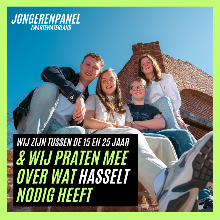 Afbeelding met het jongerenpanel. Over de foto staat een tekstblok met de tekst: Wij zijn tussen de 15 en 25 jaar en wij praten mee over wat Hasselt nodig heeft.