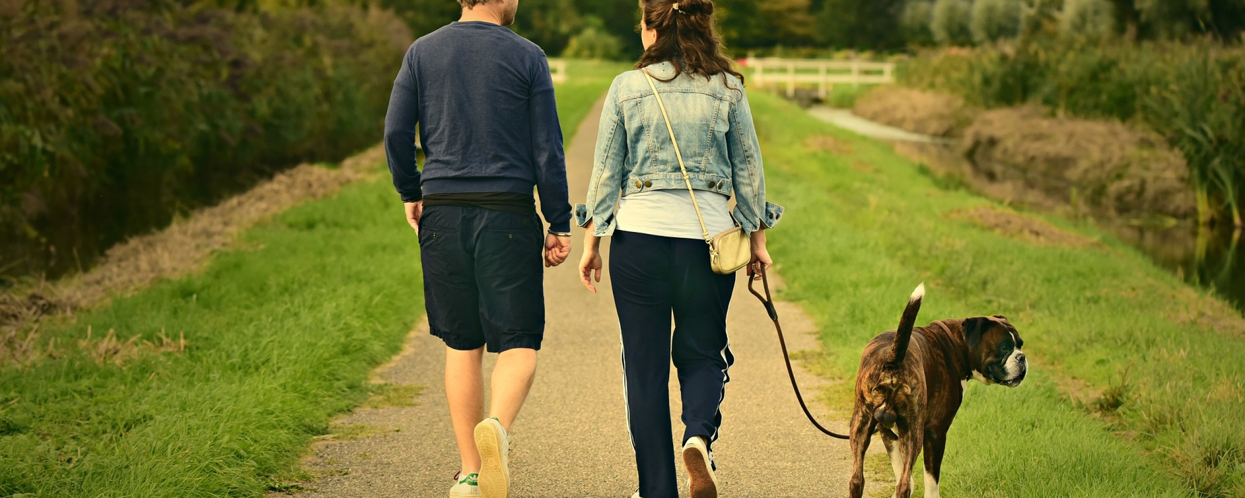 Man en vrouw met hond op wandelpad in het groen langs het water
