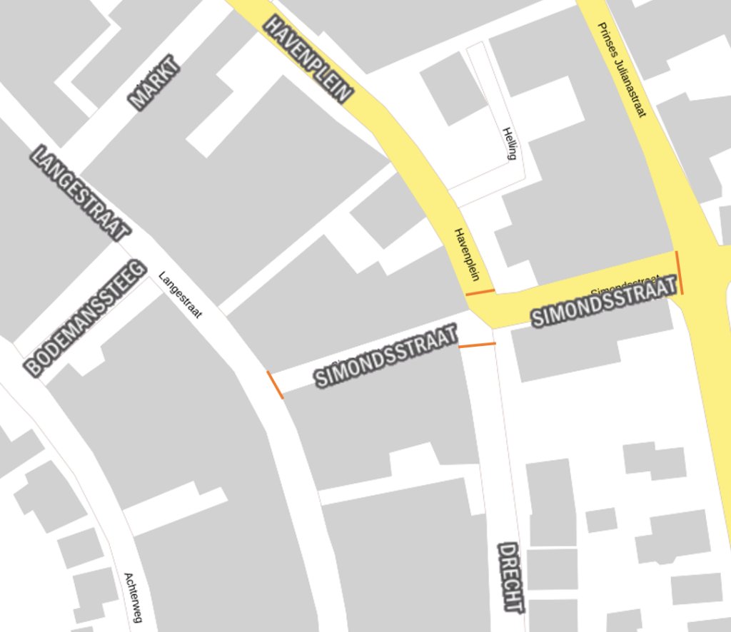 Kaart met afsluiting Simondsstraat